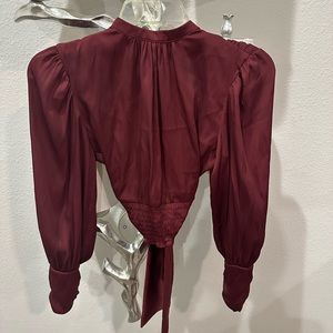 zara cropped burgundy tie blouse long sleeve open back